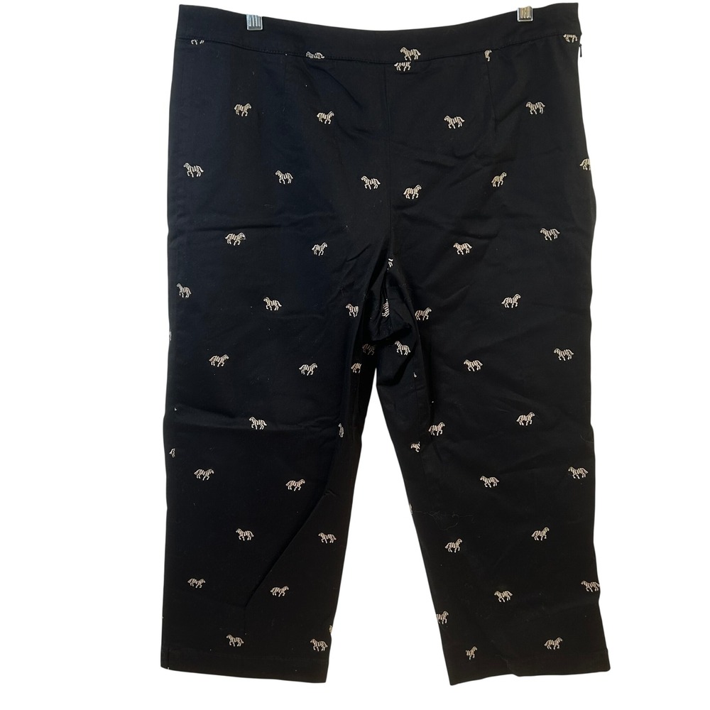 Coldwater Creek Black Zebra Embroidered Cropped Pants Petite 16 Side Zip Stretch
